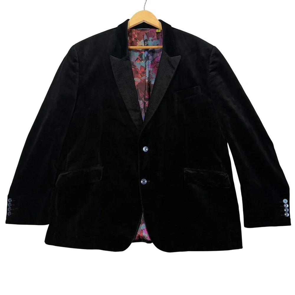 Robert Graham Mens 50L Classic Fit Black Velvet Blazer Peak Lapel Floral Lining